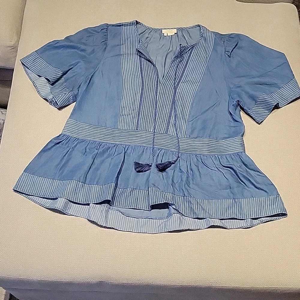 Kate Spade Railroad Top Indigo Broome Street Chambray Tassels Medium Loose Fit